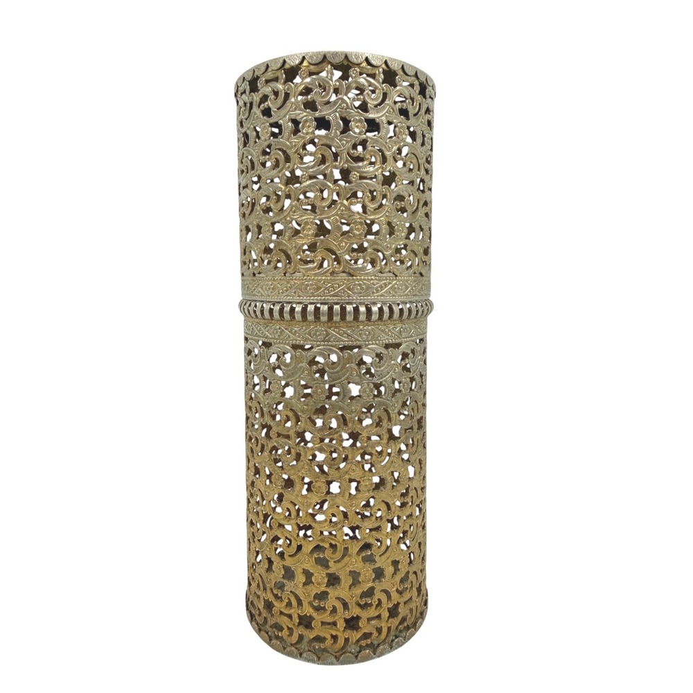 Vintage 1950's Gold Hair Spray Cover with Filigree Scrollwork Metal Canister - Picture 2 of 10